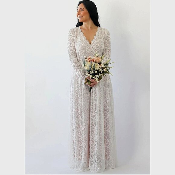 Bush Street Couture Bridal Faux Wrap Lace Wedding Dress S-M Bohemian Romantic - Picture 1 of 11